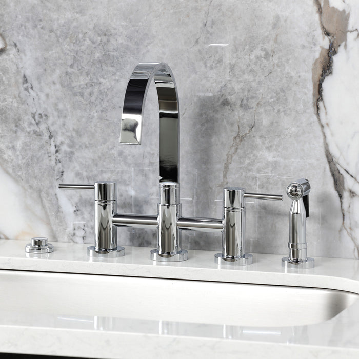 Kingston Sona KS8261DLBS - Concord Two-Handle 4-Hole Deck Mount Bridge Kitchen Faucet with Brass Sprayer, Polished Chrome