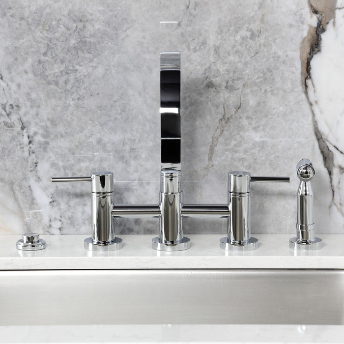 Kingston Sona KS8261DLBS - Concord Two-Handle 4-Hole Deck Mount Bridge Kitchen Faucet with Brass Sprayer, Polished Chrome