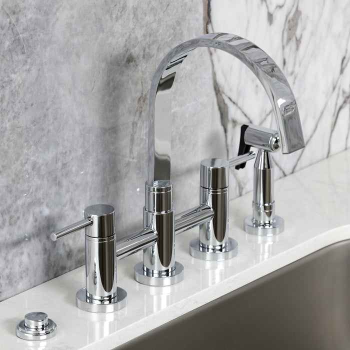 Kingston Sona KS8261DLBS - Concord Two-Handle 4-Hole Deck Mount Bridge Kitchen Faucet with Brass Sprayer, Polished Chrome