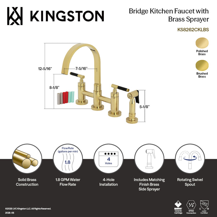 Kingston Sona KS8262CKLBS - Kaiser Two-Handle 4-Hole Deck Mount Bridge Kitchen Faucet with Brass Sprayer, Polished Brass