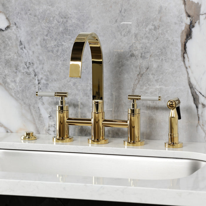 Kingston Sona KS8262CKLBS - Kaiser Two-Handle 4-Hole Deck Mount Bridge Kitchen Faucet with Brass Sprayer, Polished Brass