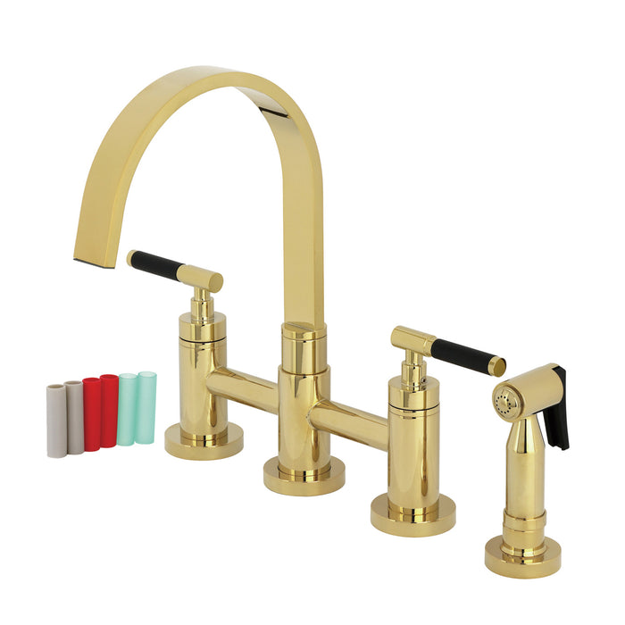 Kingston Sona KS8262CKLBS - Kaiser Two-Handle 4-Hole Deck Mount Bridge Kitchen Faucet with Brass Sprayer, Polished Brass