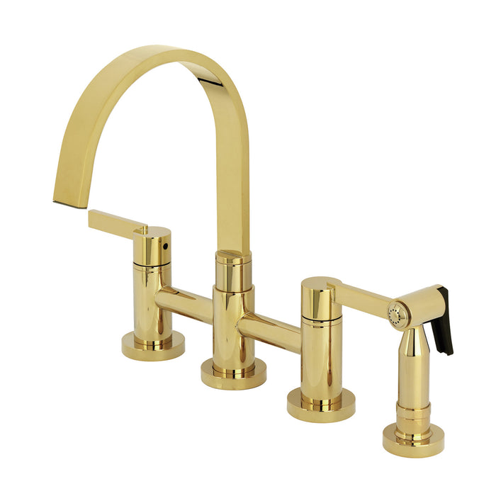Kingston Sona KS8262CTLBS - Continental Two-Handle 4-Hole Deck Mount Bridge Kitchen Faucet with Brass Sprayer, Polished Brass
