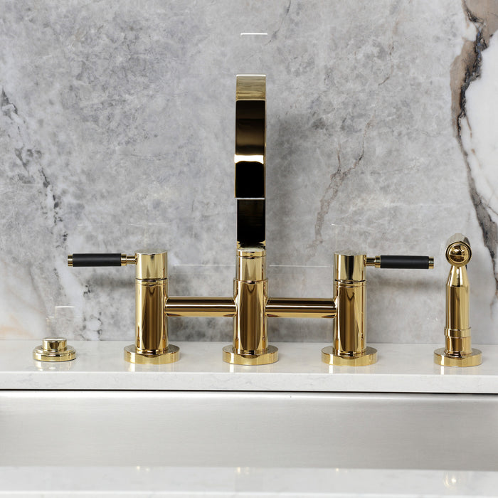 Kingston Sona KS8262DKLBS - Kaiser Two-Handle 4-Hole Deck Mount Bridge Kitchen Faucet with Brass Sprayer, Polished Brass