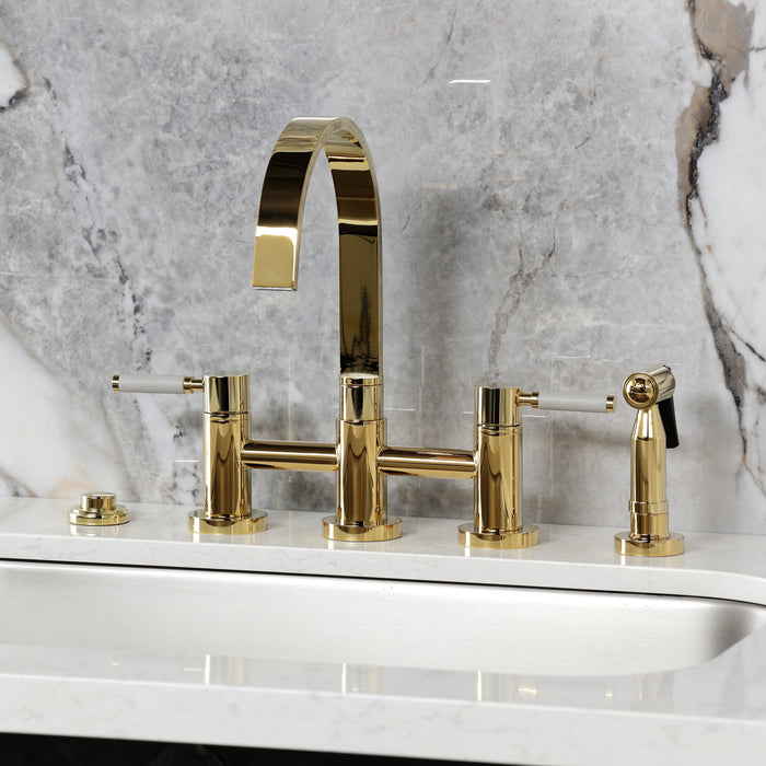 Kingston Sona KS8262DKLBS - Kaiser Two-Handle 4-Hole Deck Mount Bridge Kitchen Faucet with Brass Sprayer, Polished Brass