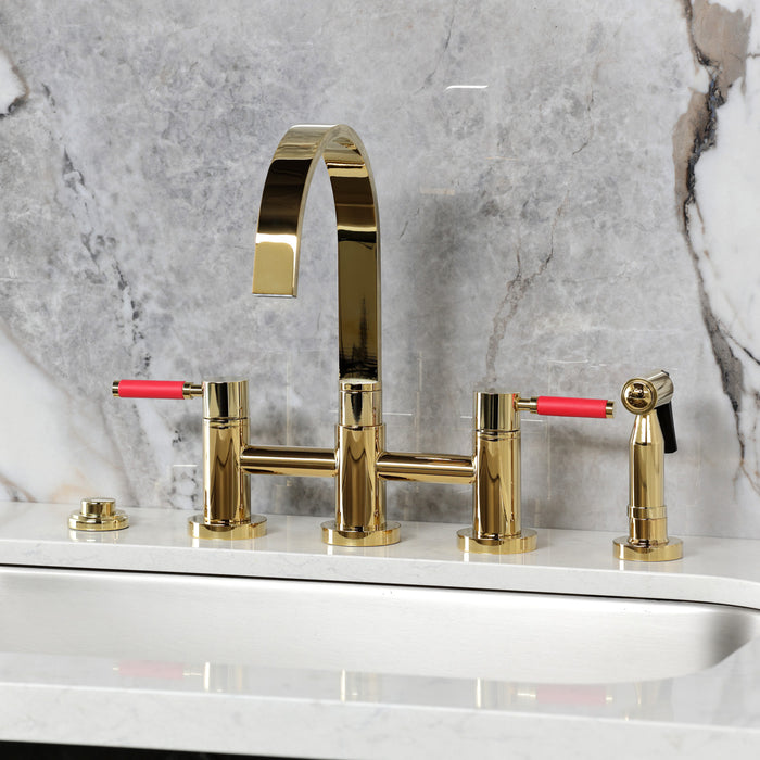 Kingston Sona KS8262DKLBS - Kaiser Two-Handle 4-Hole Deck Mount Bridge Kitchen Faucet with Brass Sprayer, Polished Brass