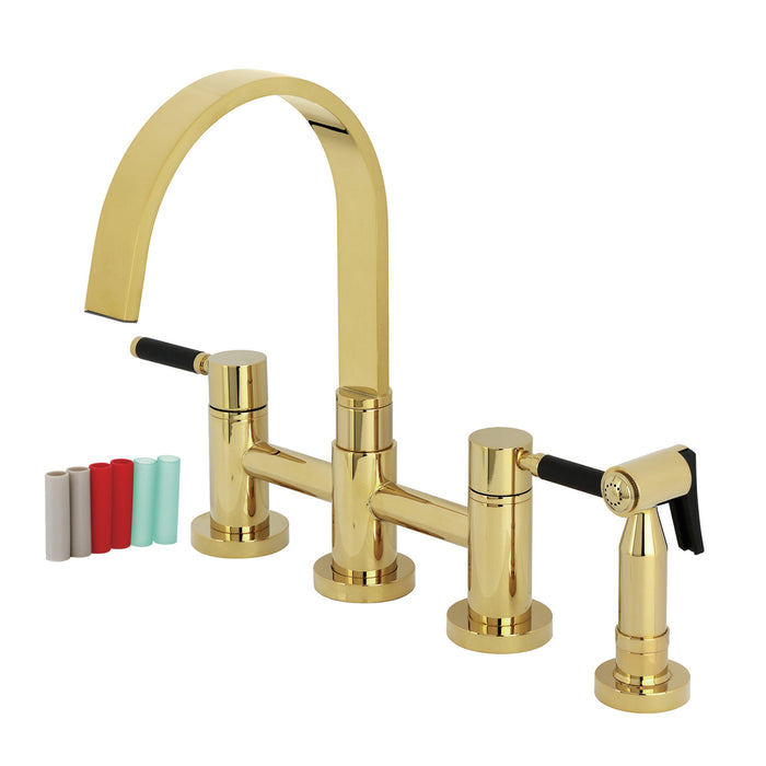 Kingston Sona KS8262DKLBS - Kaiser Two-Handle 4-Hole Deck Mount Bridge Kitchen Faucet with Brass Sprayer, Polished Brass