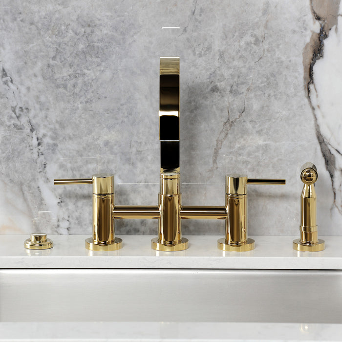 Kingston Sona KS8262DLBS - Concord Two-Handle 4-Hole Deck Mount Bridge Kitchen Faucet with Brass Sprayer, Polished Brass