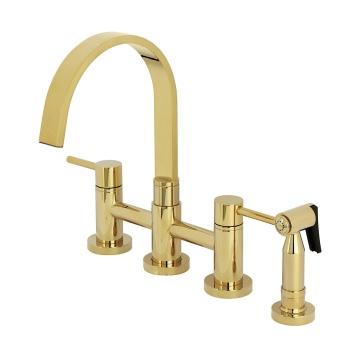 Kingston Sona KS8262DLBS - Concord Two-Handle 4-Hole Deck Mount Bridge Kitchen Faucet with Brass Sprayer, Polished Brass