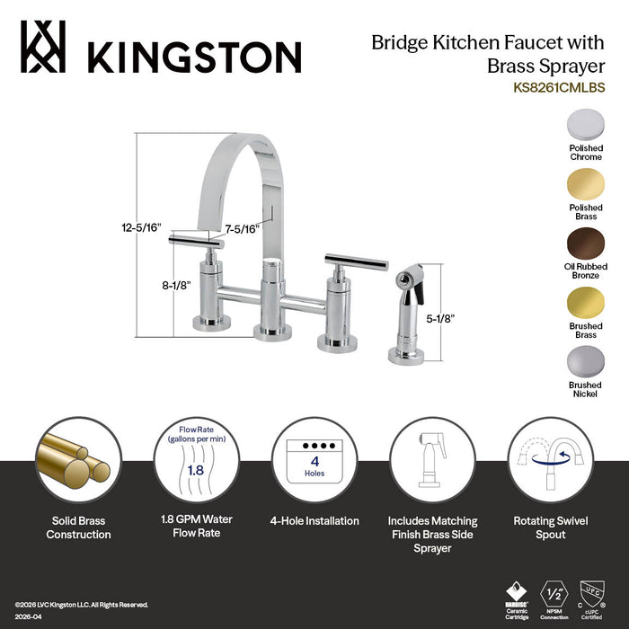 Kingston Sona KS8265CMLBS - Manhattan Two-Handle 4-Hole Deck Mount Bridge Kitchen Faucet with Brass Sprayer, Oil Rubbed Bronze