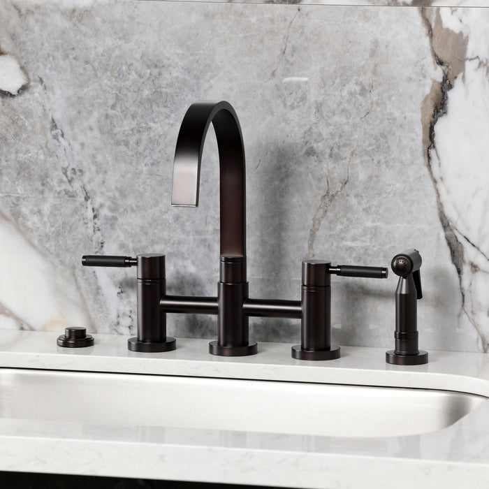 Kingston Sona KS8265DKLBS - Kaiser Two-Handle 4-Hole Deck Mount Bridge Kitchen Faucet with Brass Sprayer, Oil Rubbed Bronze