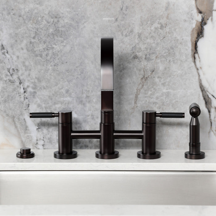 Kingston Sona KS8265DKLBS - Kaiser Two-Handle 4-Hole Deck Mount Bridge Kitchen Faucet with Brass Sprayer, Oil Rubbed Bronze