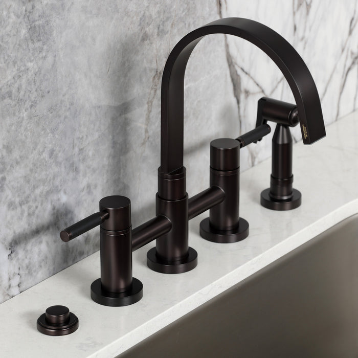 Kingston Sona KS8265DKLBS - Kaiser Two-Handle 4-Hole Deck Mount Bridge Kitchen Faucet with Brass Sprayer, Oil Rubbed Bronze