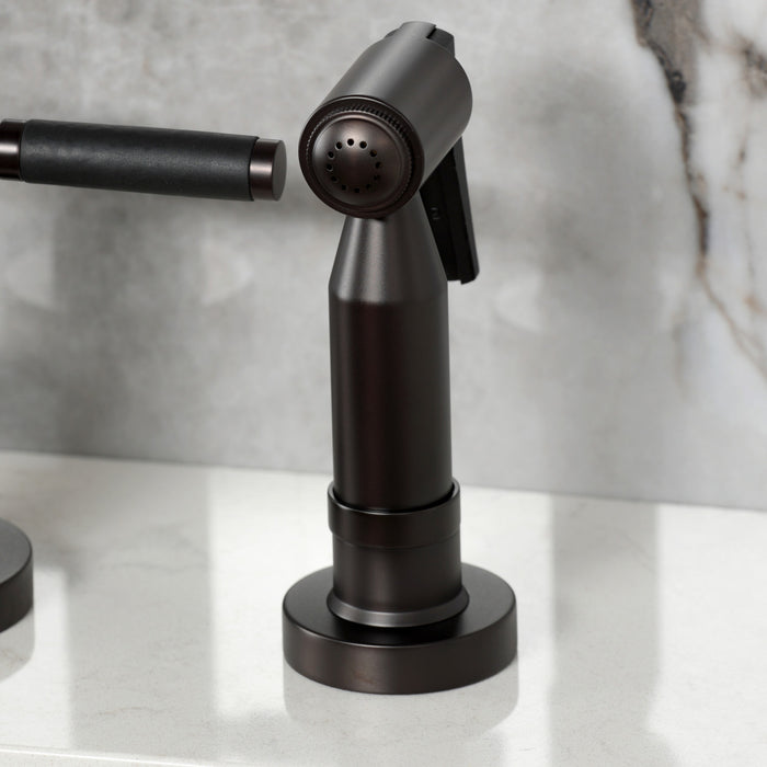 Kingston Sona KS8265DKLBS - Kaiser Two-Handle 4-Hole Deck Mount Bridge Kitchen Faucet with Brass Sprayer, Oil Rubbed Bronze