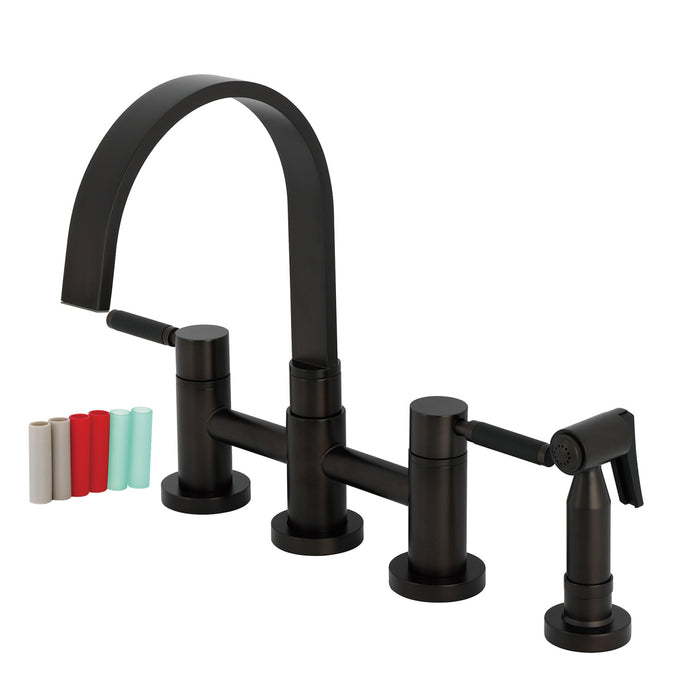 Kingston Sona KS8265DKLBS - Kaiser Two-Handle 4-Hole Deck Mount Bridge Kitchen Faucet with Brass Sprayer, Oil Rubbed Bronze