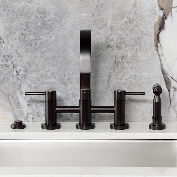 Kingston Sona KS8265DLBS - Concord Two-Handle 4-Hole Deck Mount Bridge Kitchen Faucet with Brass Sprayer, Oil Rubbed Bronze