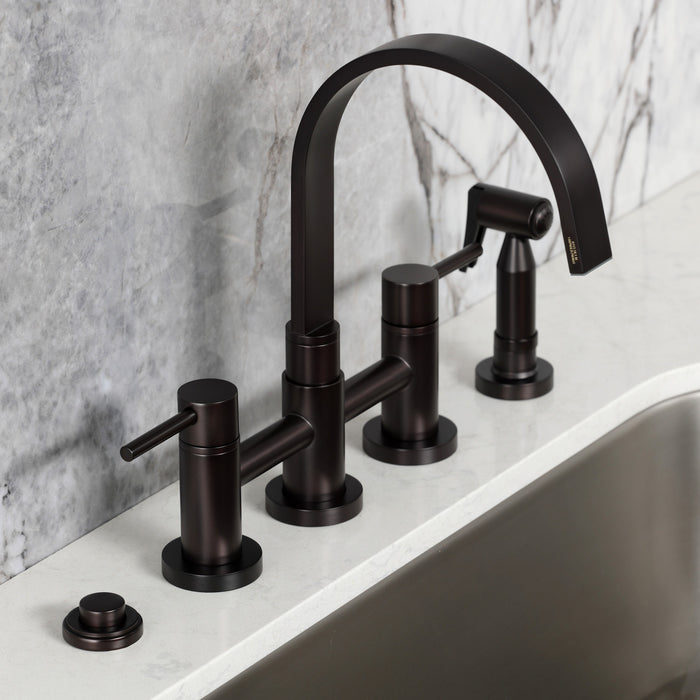 Kingston Sona KS8265DLBS - Concord Two-Handle 4-Hole Deck Mount Bridge Kitchen Faucet with Brass Sprayer, Oil Rubbed Bronze