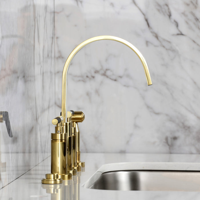 Kingston Sona KS8267CKLBS - Kaiser Two-Handle 4-Hole Deck Mount Bridge Kitchen Faucet with Brass Sprayer, Brushed Brass