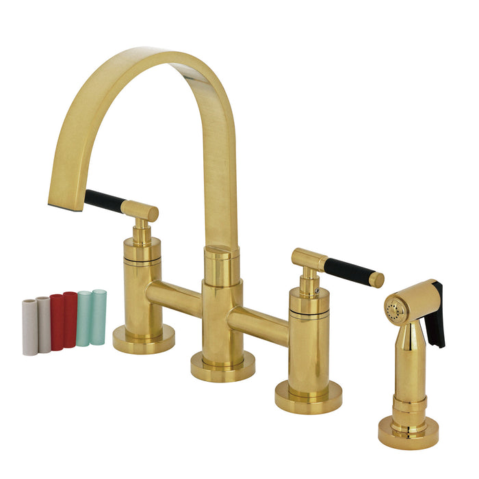 Kingston Sona KS8267CKLBS - Kaiser Two-Handle 4-Hole Deck Mount Bridge Kitchen Faucet with Brass Sprayer, Brushed Brass