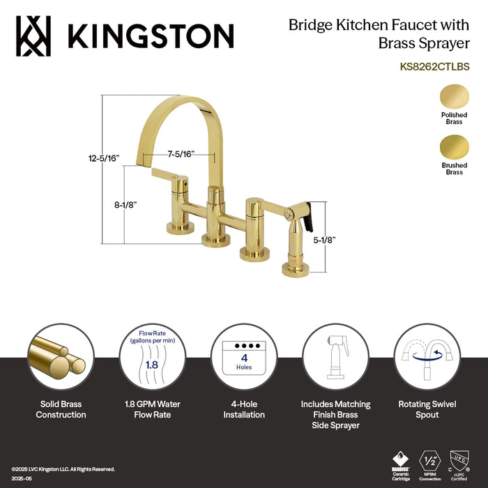 Kingston Sona KS8267CTLBS - Continental Two-Handle 4-Hole Deck Mount Bridge Kitchen Faucet with Brass Sprayer, Brushed Brass