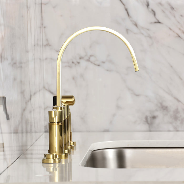 Kingston Sona KS8267CTLBS - Continental Two-Handle 4-Hole Deck Mount Bridge Kitchen Faucet with Brass Sprayer, Brushed Brass