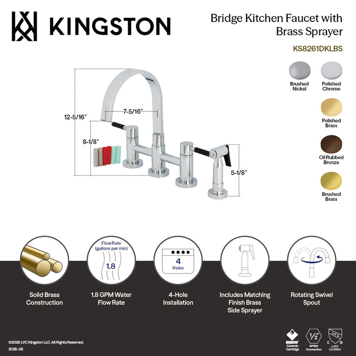 Kingston Sona KS8267DKLBS - Kaiser Two-Handle 4-Hole Deck Mount Bridge Kitchen Faucet with Brass Sprayer, Brushed Brass