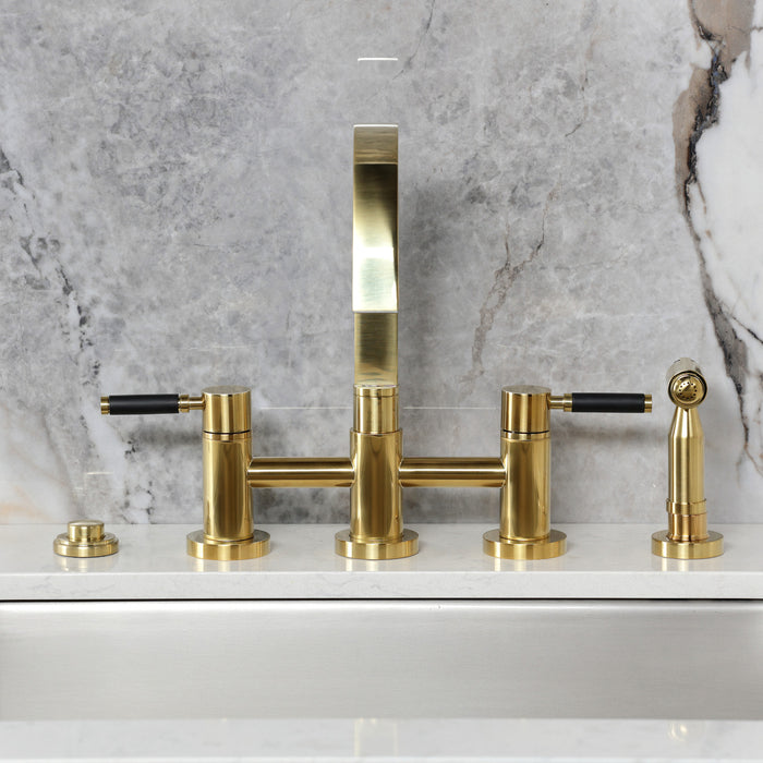 Kingston Sona KS8267DKLBS - Kaiser Two-Handle 4-Hole Deck Mount Bridge Kitchen Faucet with Brass Sprayer, Brushed Brass