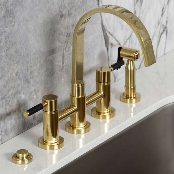 Kingston Sona KS8267DKLBS - Kaiser Two-Handle 4-Hole Deck Mount Bridge Kitchen Faucet with Brass Sprayer, Brushed Brass