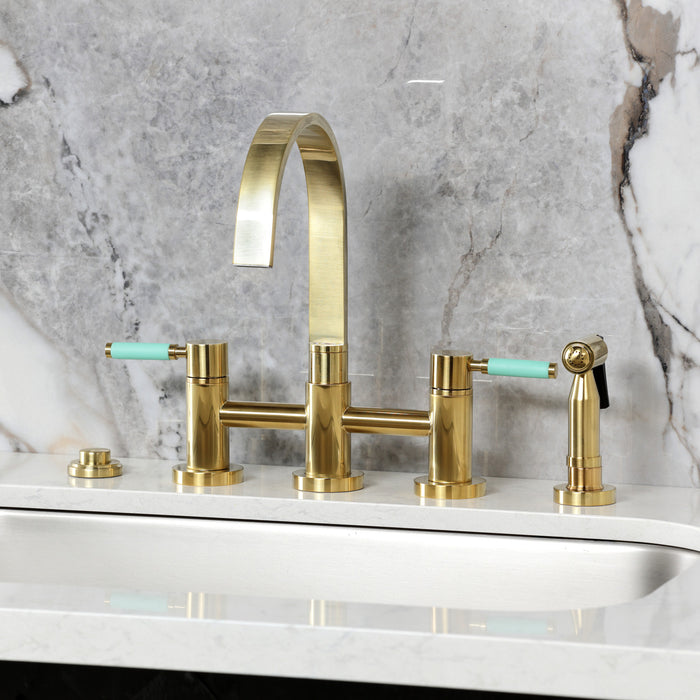 Kingston Sona KS8267DKLBS - Kaiser Two-Handle 4-Hole Deck Mount Bridge Kitchen Faucet with Brass Sprayer, Brushed Brass