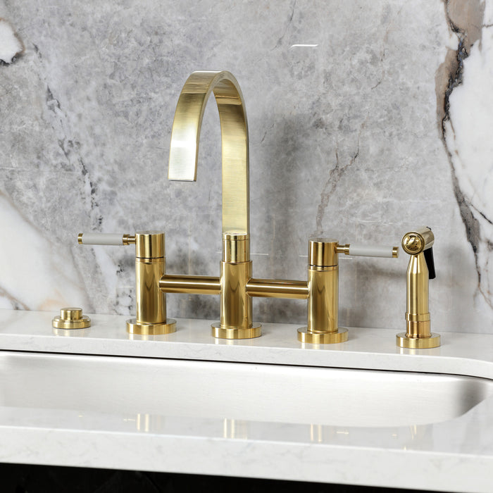 Kingston Sona KS8267DKLBS - Kaiser Two-Handle 4-Hole Deck Mount Bridge Kitchen Faucet with Brass Sprayer, Brushed Brass