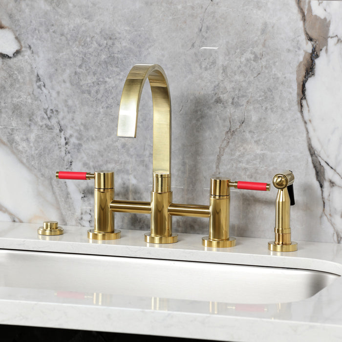 Kingston Sona KS8267DKLBS - Kaiser Two-Handle 4-Hole Deck Mount Bridge Kitchen Faucet with Brass Sprayer, Brushed Brass