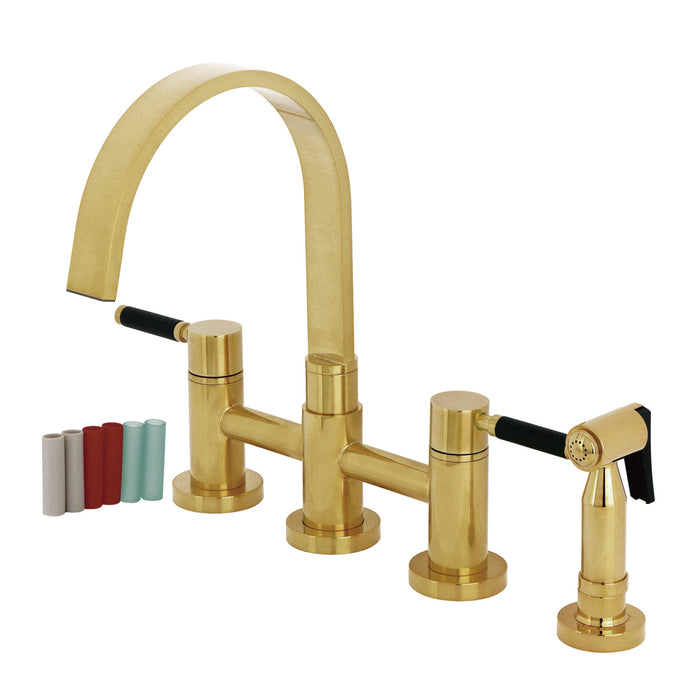 Kingston Sona KS8267DKLBS - Kaiser Two-Handle 4-Hole Deck Mount Bridge Kitchen Faucet with Brass Sprayer, Brushed Brass