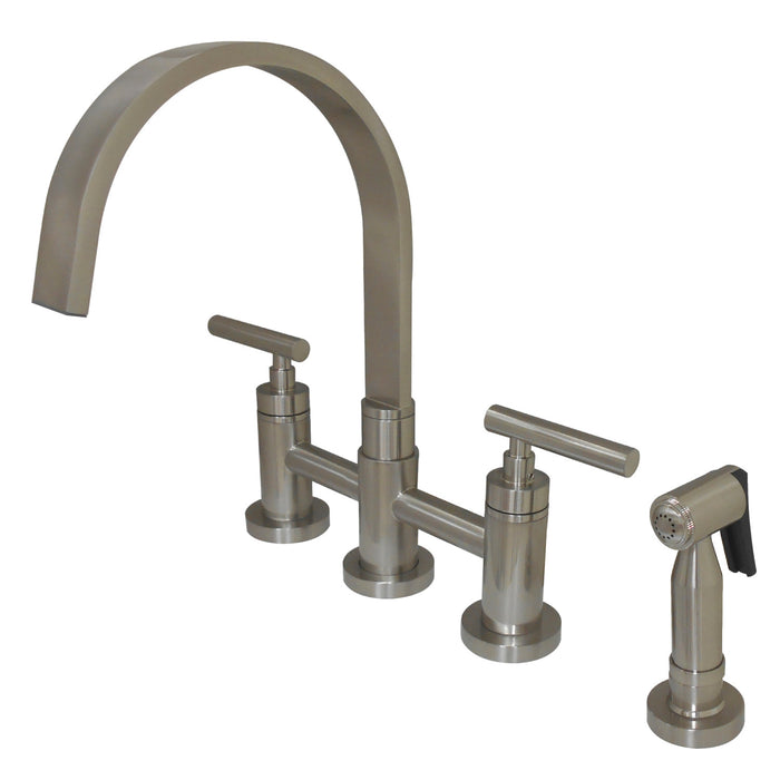 Kingston Sona KS8268CMLBS - Manhattan Two-Handle 4-Hole Deck Mount Bridge Kitchen Faucet with Brass Sprayer, Brushed Nickel