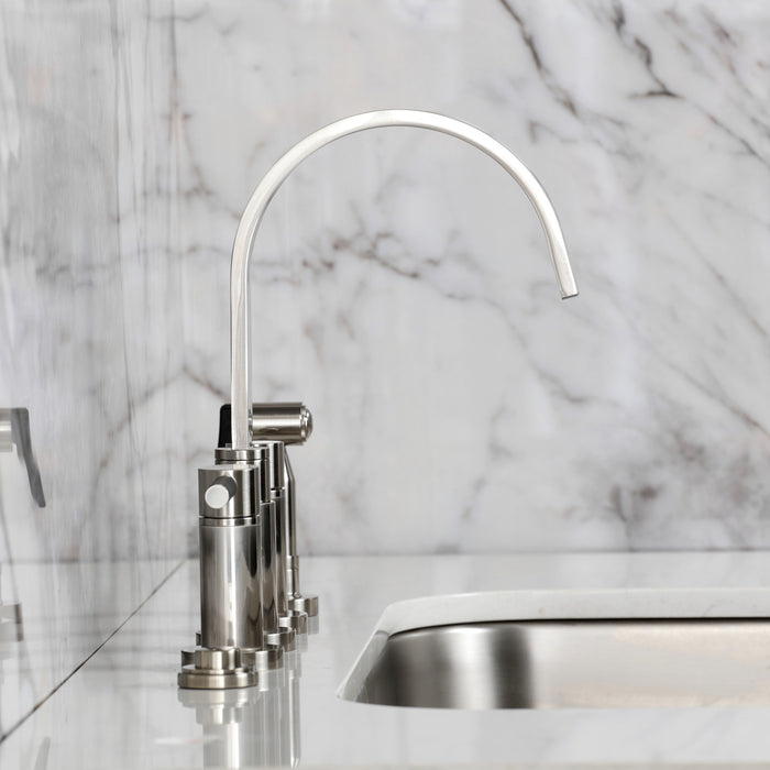 Kingston Sona KS8268DKLBS - Kaiser Two-Handle 4-Hole Deck Mount Bridge Kitchen Faucet with Brass Sprayer, Brushed Nickel