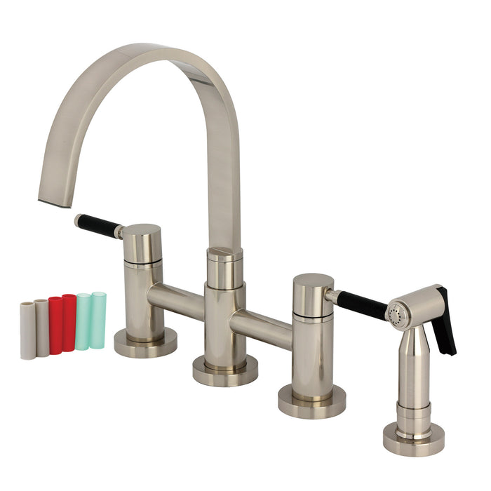 Kingston Sona KS8268DKLBS - Kaiser Two-Handle 4-Hole Deck Mount Bridge Kitchen Faucet with Brass Sprayer, Brushed Nickel