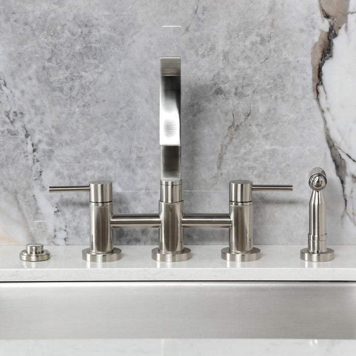 Kingston Sona KS8268DLBS - Concord Two-Handle 4-Hole Deck Mount Bridge Kitchen Faucet with Brass Sprayer, Brushed Nickel