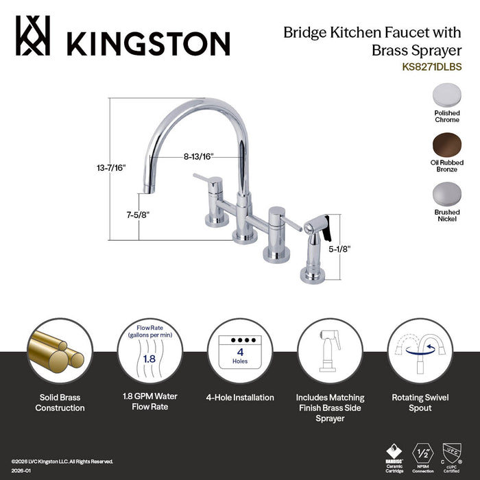 Kingston Sona KS8271DLBS - Concord Two-Handle 4-Hole Deck Mount Bridge Kitchen Faucet with Brass Sprayer, Polished Chrome