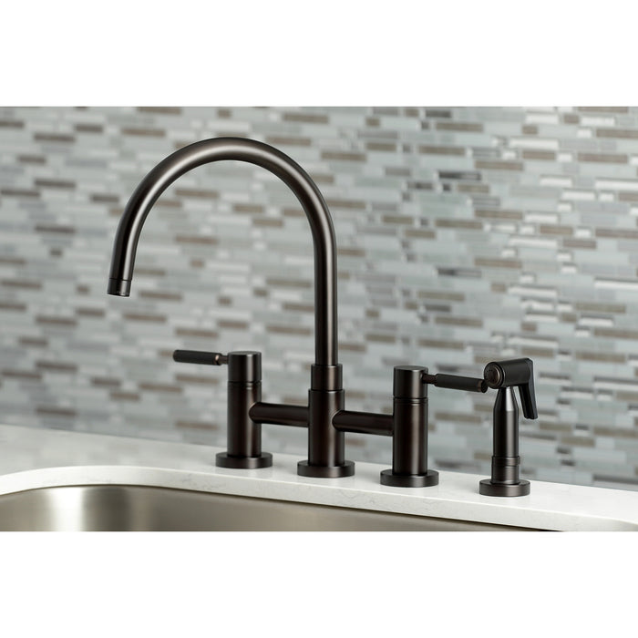 Kingston Sona KS8275DKLBS - Kaiser Two-Handle 4-Hole Deck Mount Bridge Kitchen Faucet with Brass Sprayer, Oil Rubbed Bronze