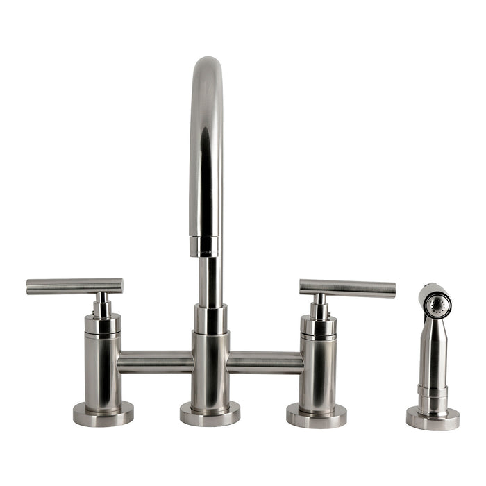 Kingston Manhattan KS8278CMLBS Two-Handle 4-Hole Deck Mount Bridge Kitchen Faucet with Brass Sprayer, Brushed Nickel