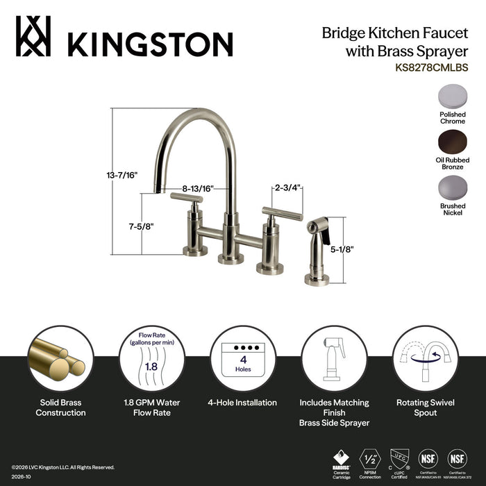 Kingston Manhattan KS8278CMLBS Two-Handle 4-Hole Deck Mount Bridge Kitchen Faucet with Brass Sprayer, Brushed Nickel