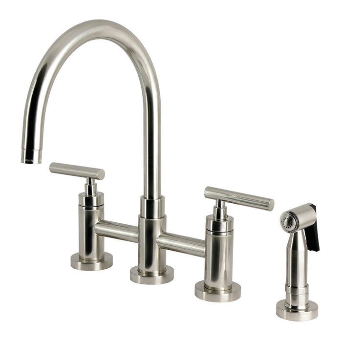 Kingston Manhattan KS8278CMLBS Two-Handle 4-Hole Deck Mount Bridge Kitchen Faucet with Brass Sprayer, Brushed Nickel