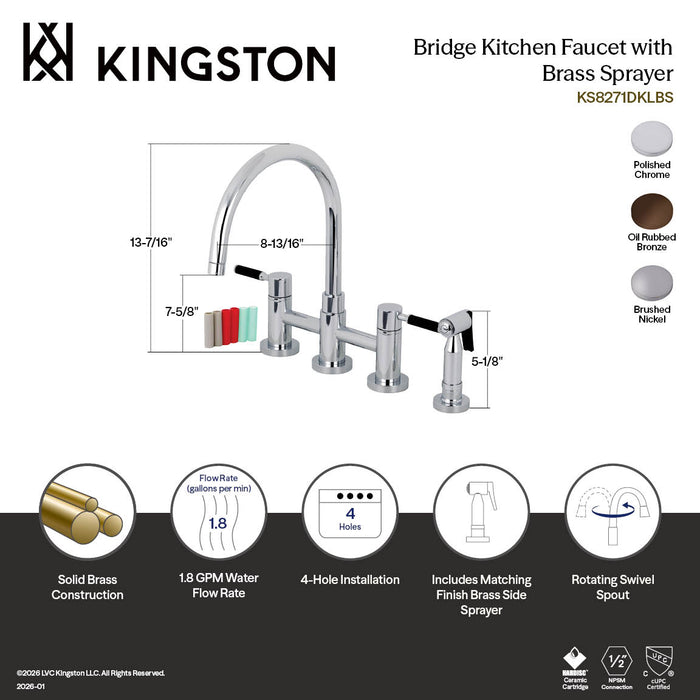 Kingston Sona KS8278DKLBS - Kaiser Two-Handle 4-Hole Deck Mount Bridge Kitchen Faucet with Brass Sprayer, Brushed Nickel
