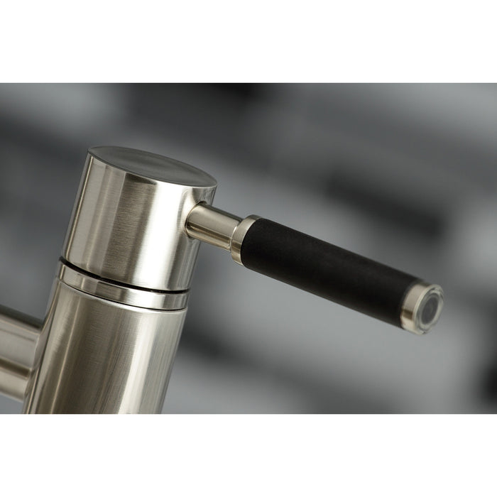 Kingston Sona KS8278DKLBS - Kaiser Two-Handle 4-Hole Deck Mount Bridge Kitchen Faucet with Brass Sprayer, Brushed Nickel