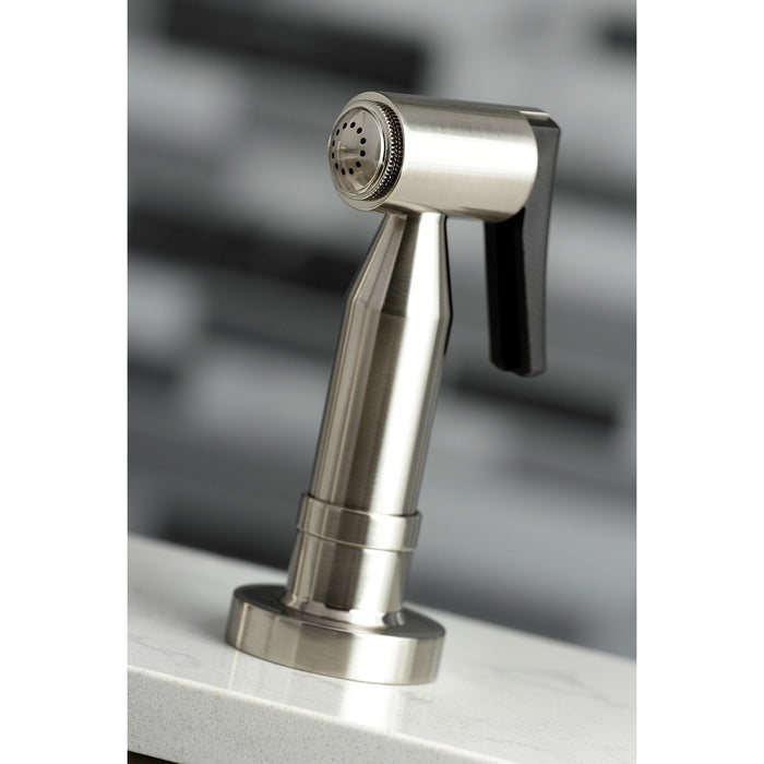 Kingston Sona KS8278DKLBS - Kaiser Two-Handle 4-Hole Deck Mount Bridge Kitchen Faucet with Brass Sprayer, Brushed Nickel