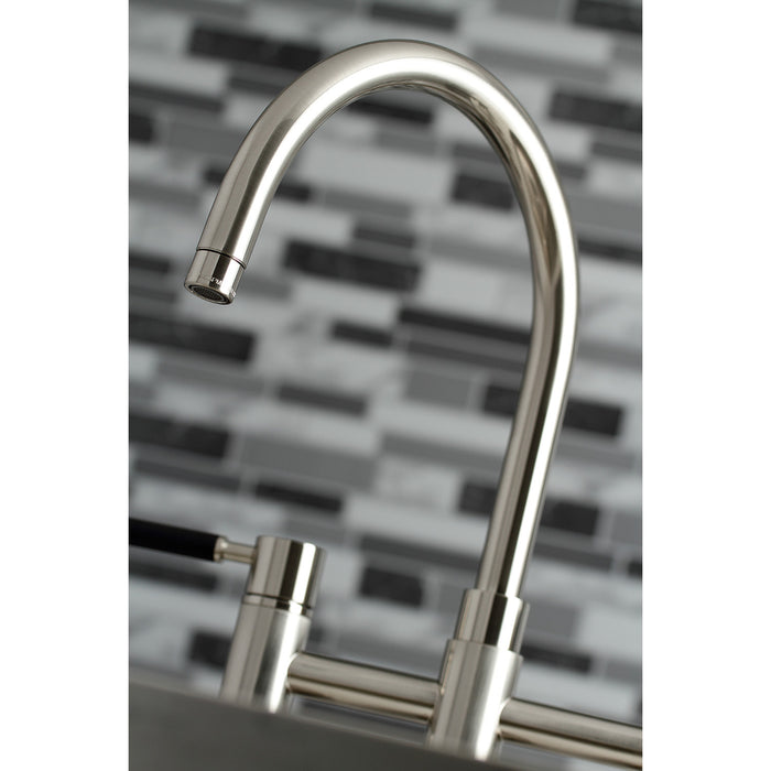 Kingston Sona KS8278DKLBS - Kaiser Two-Handle 4-Hole Deck Mount Bridge Kitchen Faucet with Brass Sprayer, Brushed Nickel