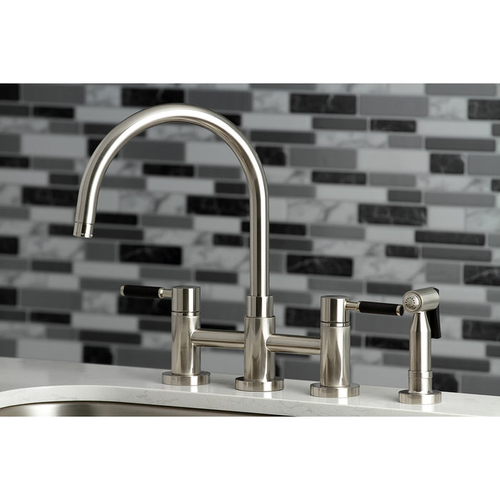 Kingston Sona KS8278DKLBS - Kaiser Two-Handle 4-Hole Deck Mount Bridge Kitchen Faucet with Brass Sprayer, Brushed Nickel