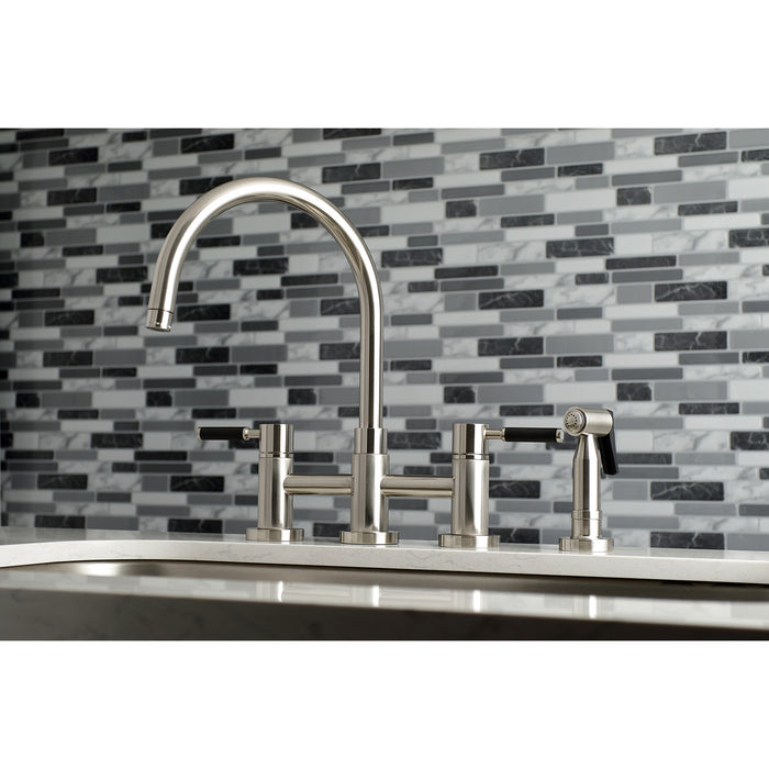 Kingston Sona KS8278DKLBS - Kaiser Two-Handle 4-Hole Deck Mount Bridge Kitchen Faucet with Brass Sprayer, Brushed Nickel