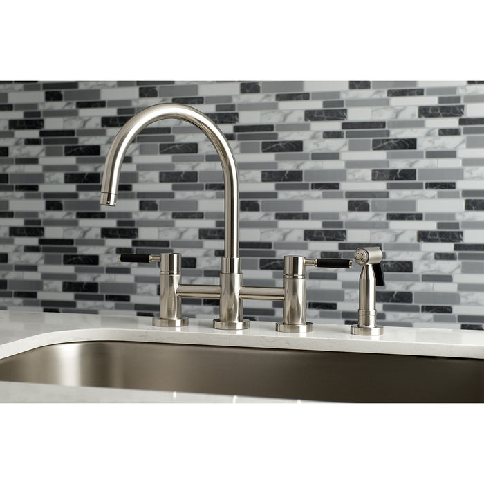 Kingston Sona KS8278DKLBS - Kaiser Two-Handle 4-Hole Deck Mount Bridge Kitchen Faucet with Brass Sprayer, Brushed Nickel