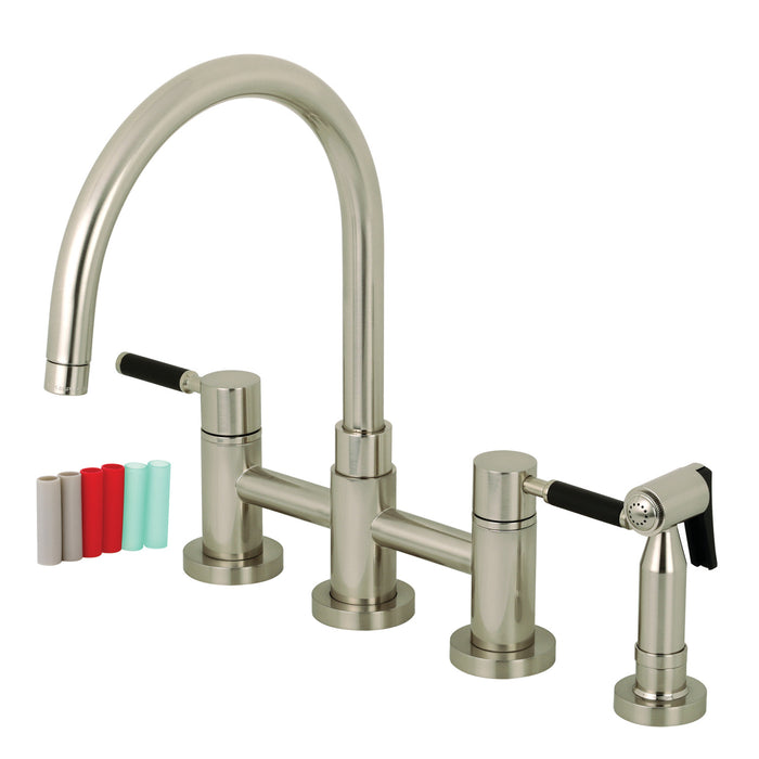 Kingston Sona KS8278DKLBS - Kaiser Two-Handle 4-Hole Deck Mount Bridge Kitchen Faucet with Brass Sprayer, Brushed Nickel