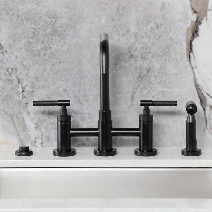 Kingston Sona KS8280CKLBS - Kaiser Two-Handle 4-Hole Deck Mount Bridge Kitchen Faucet with Brass Sprayer, Matte Black